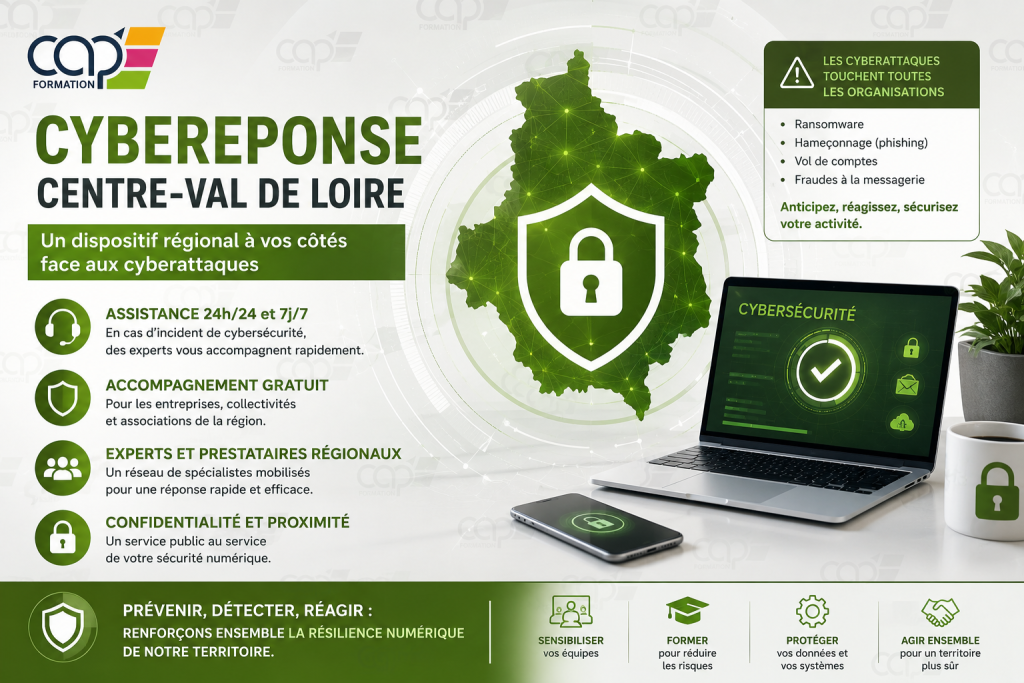 CybeRéponse Centre-Val de Loire accompagne les entreprises, collectivités et associations face aux cyberattaques grâce à un dispositif régional de cybersécurité.